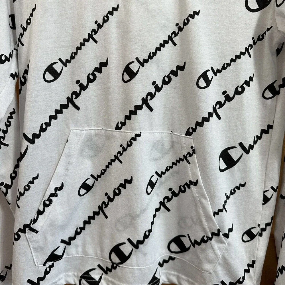 NWT, Boys CHAMPION White Hooded Long Sleeve Pullover Shirt Size Large, Logo